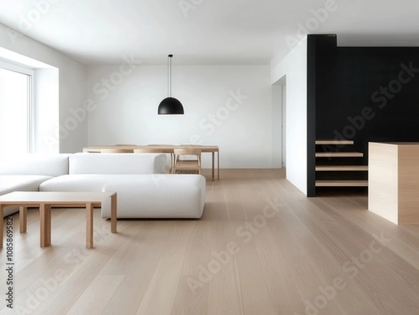 Fototapeta Minimalist scandinavian interior design with modern furniture and natural light