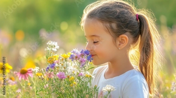 Fototapeta A girl delights in the scent of wildflowers, surrounded by a vibrant field of colorful blooms under warm sunlight.