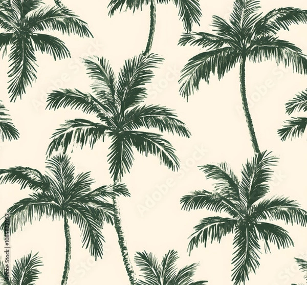 Fototapeta Calm palm tree pattern in dark green on a beige background, seamless pattern for fabric
