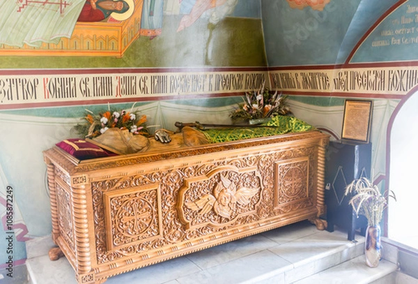Fototapeta Reliquary with part of relic of St. Ilya Muromets at the Spaso-Preobrazhensky Monastery. Inscription in ancient russian: Death of St. Elijah of Muromets