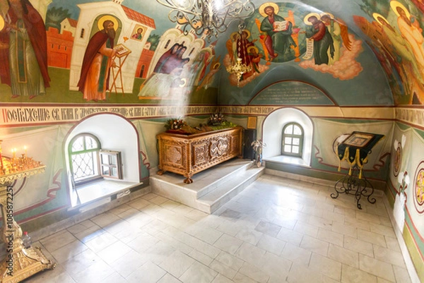 Fototapeta Reliquary with part of relic of St. Ilya Muromets at the Spaso-Preobrazhensky Monastery. Inscription in ancient russian: Death of St. Elijah of Muromets