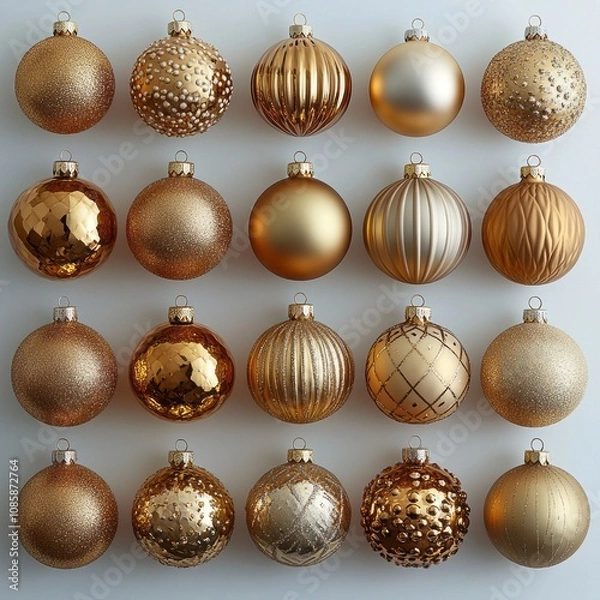 Fototapeta Collection of elegant gold Christmas ornaments with various textures and patterns on a white background, perfect for holiday decor, seasonal designs, and festive promotions.