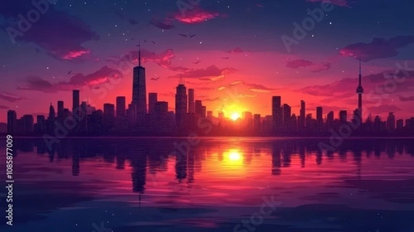 Obraz City Skyline Reflected In Sunset Water