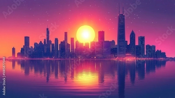 Obraz City Skyline Sunset Reflection Water Cityscape