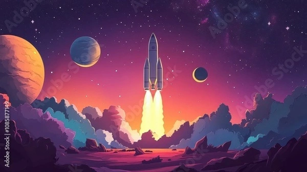 Fototapeta Rocket Launching Through Space Towards Distant Planets