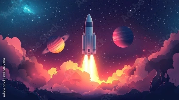 Obraz Rocket Launching Through Clouds Towards Planets and Stars