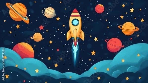 Obraz Rocket Launching Through Space Amongst Planets and Stars