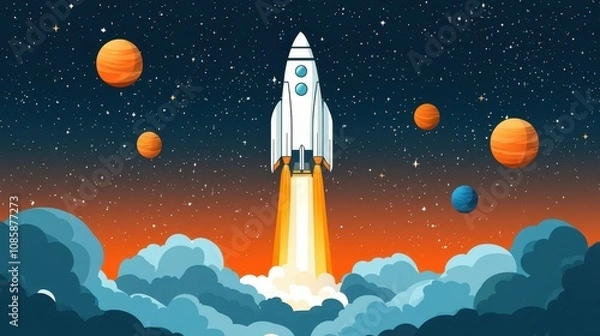 Obraz Rocket Launching Through Clouds Into Space Among Planets