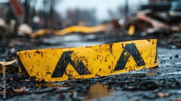 Obraz Damaged Warning Tape Lies In Mud After Disaster