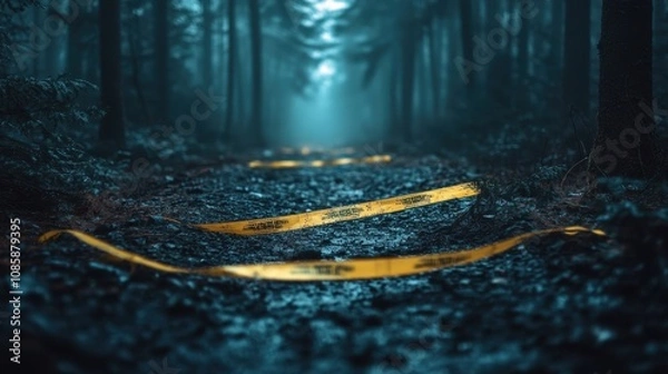 Obraz Yellow caution tape in a dark foggy forest path