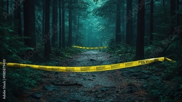 Obraz Yellow Caution Tape Across A Dark Forest Path