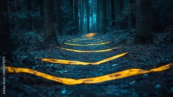 Obraz Yellow Caution Tape Lines Forest Path Scene