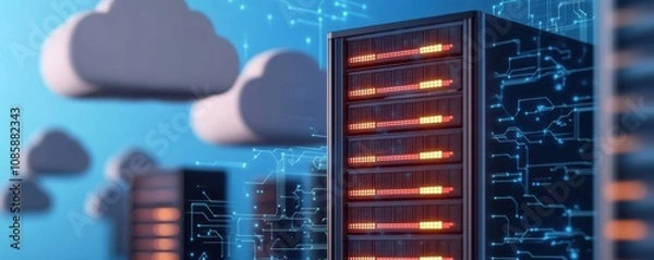 Fototapeta Modern server farm with cloud connectivity.