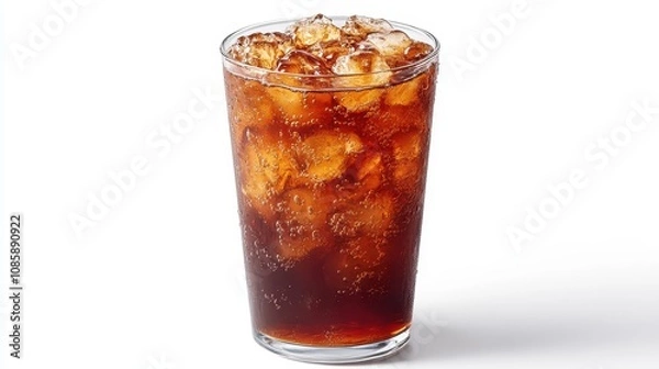 Fototapeta Iced dark brew served in a transparent glass, highlighting its rich hue and bubbly texture against a pristine white backdrop.