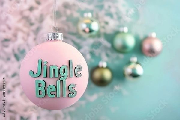 Fototapeta Pastel pink and mint green Christmas ornament formed with negative space and a background filled with modern textures, featuring "Jingle Bells" in playful font
