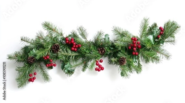 Obraz A holiday garland, festive decoration, lush evergreen with red berries, hyper-realistic style, isolated on white background