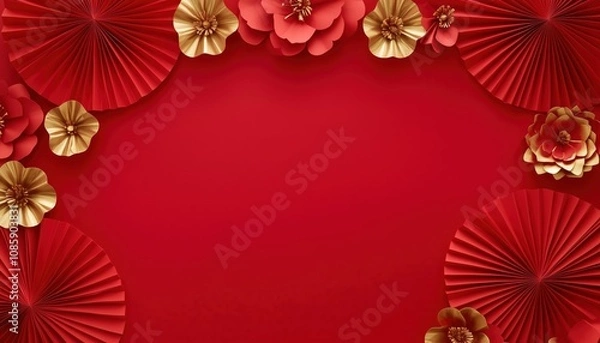 Fototapeta Festive Chinese New Year 2023: A Red Paper Fan Frame Adorned With Golden Flowers On A Red Background. Celebrate The Season!