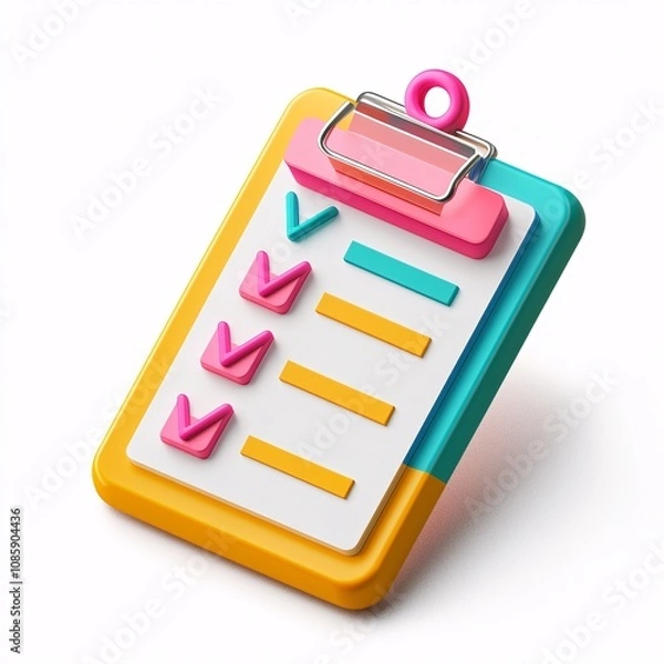 Fototapeta A vibrant 3D checklist icon featuring a clipboard design, perfect for projects and organization. Ideal for digital applications in office or administrative tasks.