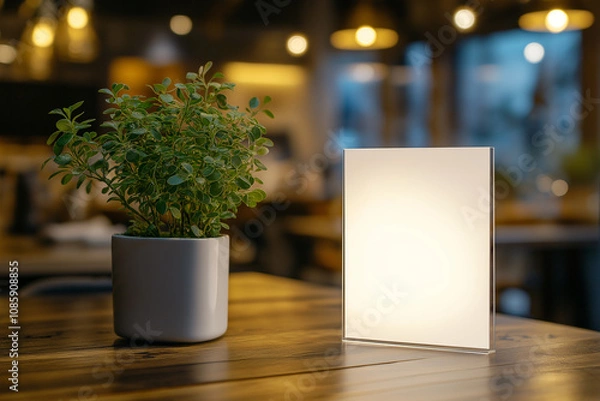 Fototapeta A blank white card standing on an acrylic stand, placed on the table of a restaurant with a blurred background, with a focus and depth of field effect. 
