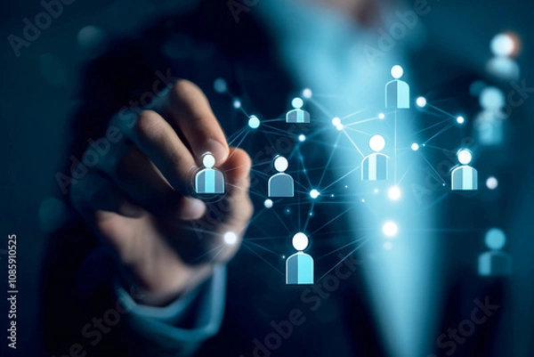 Fototapeta An image of human resource management in action, showcasing a business professional hand interacting with a digital interface. hand is selecting or pointing at candidate profiles on a digital screen