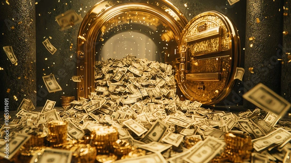 Fototapeta An open golden vault door reveals a massive pile of cash and gold coins, illuminating the luxurious space within