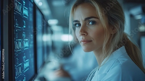 Fototapeta Healthcare team reviewing patient data in modern medical command center