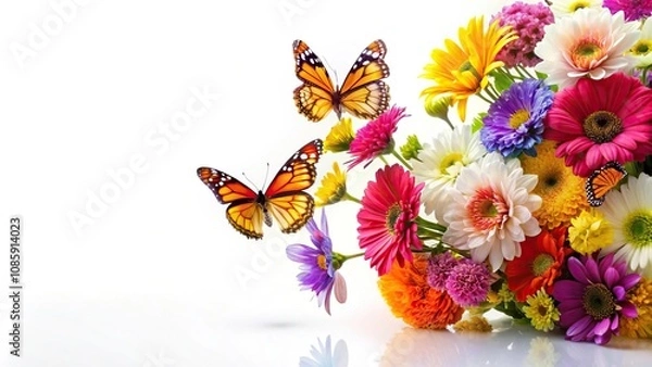 Fototapeta Colorful flower arrangement with butterflies on white background
