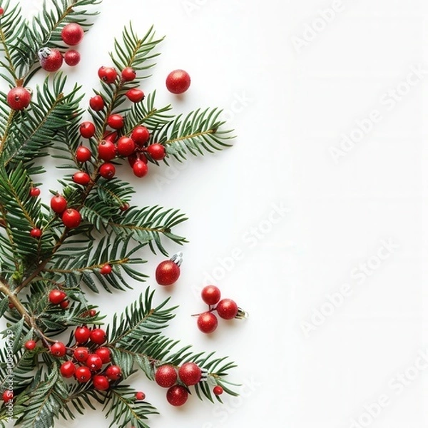 Obraz a festive arrangement of evergreen branches and red berries. The branches, which resemble those of a pine or fir tree, are adorned with clusters of small, round, bright red berries