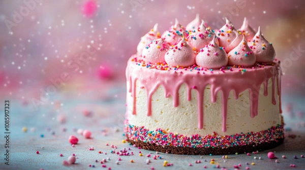 Obraz Pink icing drip cake with colorful sprinkles on festive background