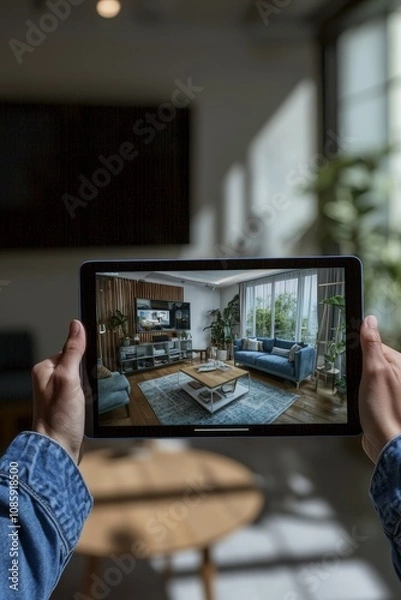 Obraz Immersive Home Technology Close-up Digital Tablet Displaying Modern Living Room, Peaceful Interior Setting, Virtual Reality Concept