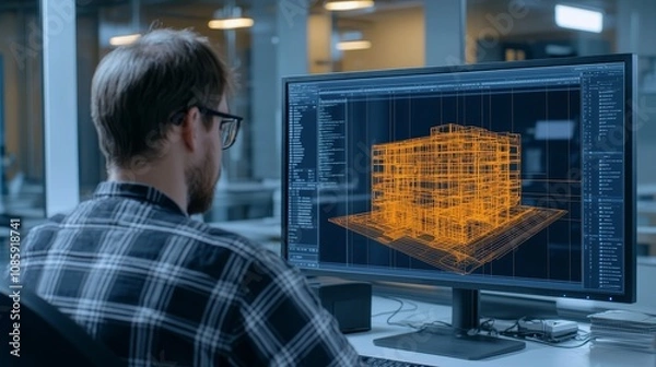 Obraz Intense Architectural Design Work on Modern Monitor in Office Setting, Creative Engineering Concept