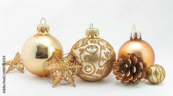 Obraz a collection of Christmas ornaments. There are three main baubles: the one on the left is a shiny gold color, the middle one is gold with intricate swirling patterns, and the one on the right is a cop