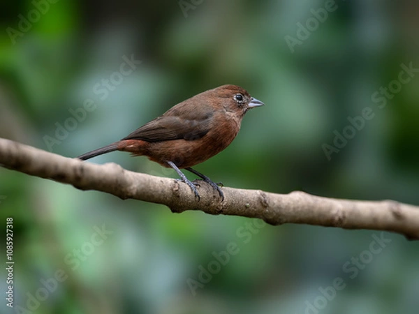 Obraz Female Red-crested Finch on a tree branch against green background