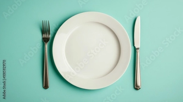 Fototapeta Minimalist Symmetry Elegant White Plate with Fork and Knife on Teal Background - Clean and Serene Dining Ambiance