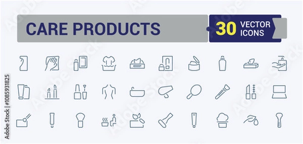 Obraz Care Products icons set in line style. Includes icons for nutritious, health, mask, acid, makeup, clean, spray. Isolated icons design. Vector illustration in modern line style.