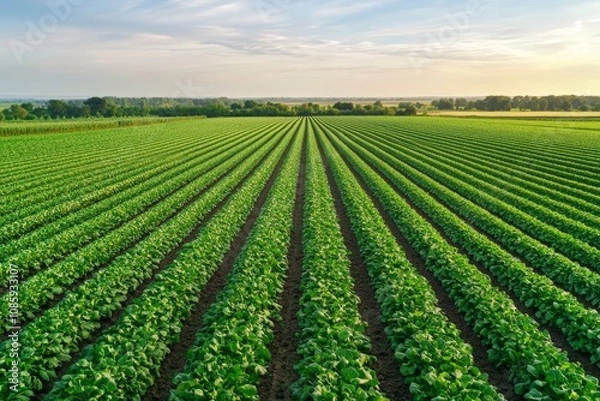 Obraz Symmetrical Green Crop Rows in Serene Agricultural Landscape at Sunrise - Lush Farm Field with Vibrant Crops and Rolling Hills, Ideal for Nature, Farming, and Sustainability Concepts