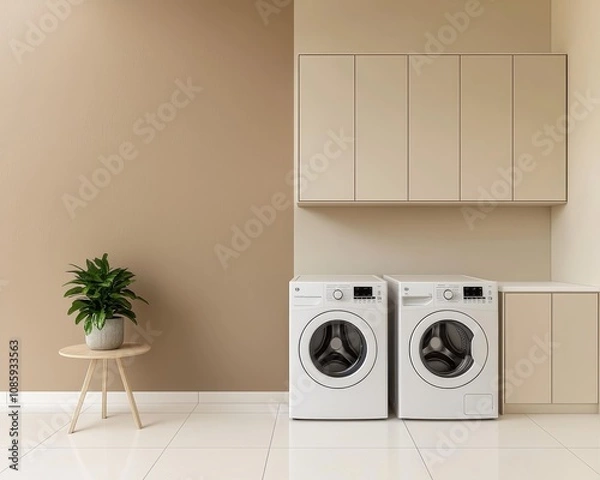 Obraz Symmetrical White Washing Machines in Minimalist Laundry Room Interior with Beige Cabinets and Neutral Palette - Calm and Clean Home Design Concept