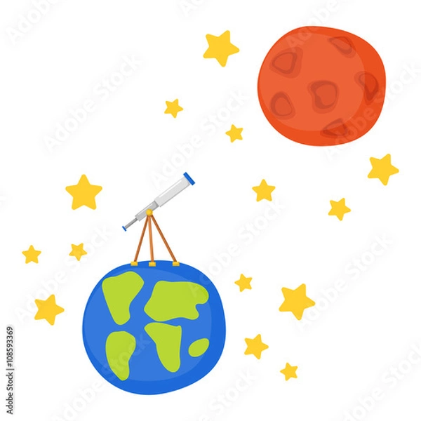 Fototapeta Vector cartoon telescope on Earth to Mars