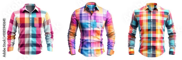 Fototapeta Set of Check with colorful print Full sleevs shirt isolated on a transparent background