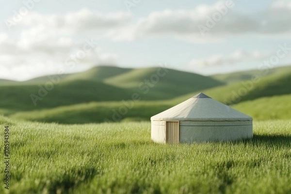 Fototapeta Cozy eco-friendly yurt in a lush landscape, showcasing natural fibers and light tones. Minimalist design with clear shapes and soft highlights.