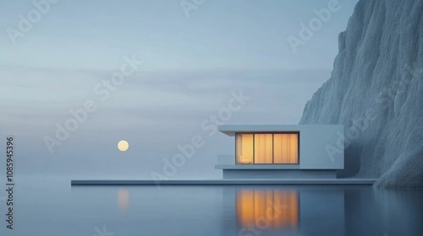 Fototapeta Sleek modern villa, expansive windows and ambient lighting, perched on coastal cliffs, digital rendering.