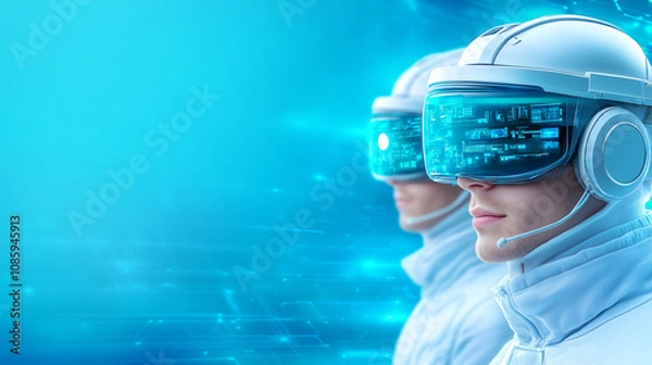 Fototapeta Futuristic individuals wearing virtual reality headsets in a high-tech environment during daytime
