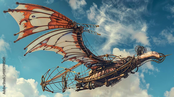 Obraz A Visionary Depiction of a Flying Machine or Ornithopter, Combining Intricate Mechanics with Imaginative, Futuristic Design