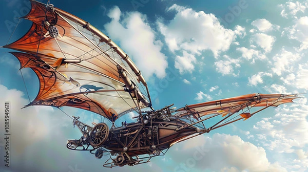 Obraz A Visionary Depiction of a Flying Machine or Ornithopter, Combining Intricate Mechanics with Imaginative, Futuristic Design