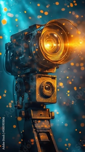 Fototapeta  Vintage-inspired camera with glowing lens, surrounded by golden particles, symbolizing creativity, innovation, and evolution of photographic technology.