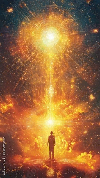Fototapeta  Celestial metaverse with astral figure on luminous grid, energy radiating infinitely as cryptocurrency symbols orbit like stars, merging tech and cosmic elements.
