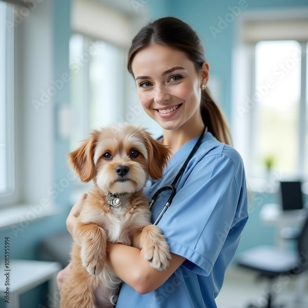 Obraz Female veterinarian smiling while holding a puppy indoors.