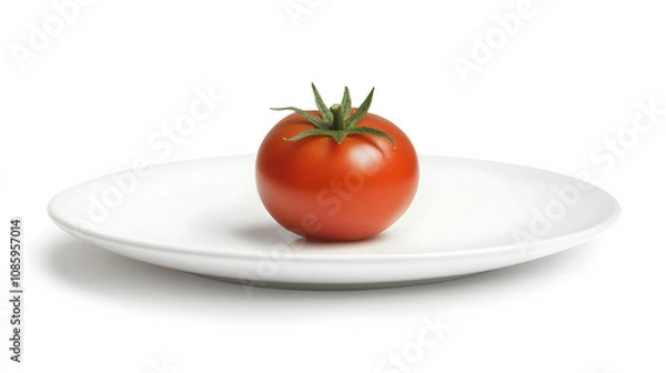 Obraz A single ripe tomato placed on a smooth white plate highlighting its rich color and simplicity.