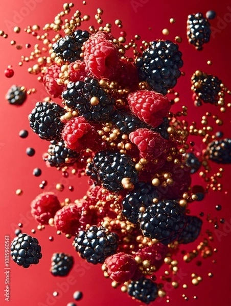 Fototapeta Berries floating effect are captured in mid-air, some golden bits and red background