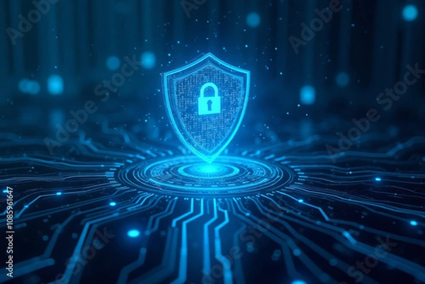 Fototapeta A luminous blue cybersecurity shield with digital circuits in a dark technological space 